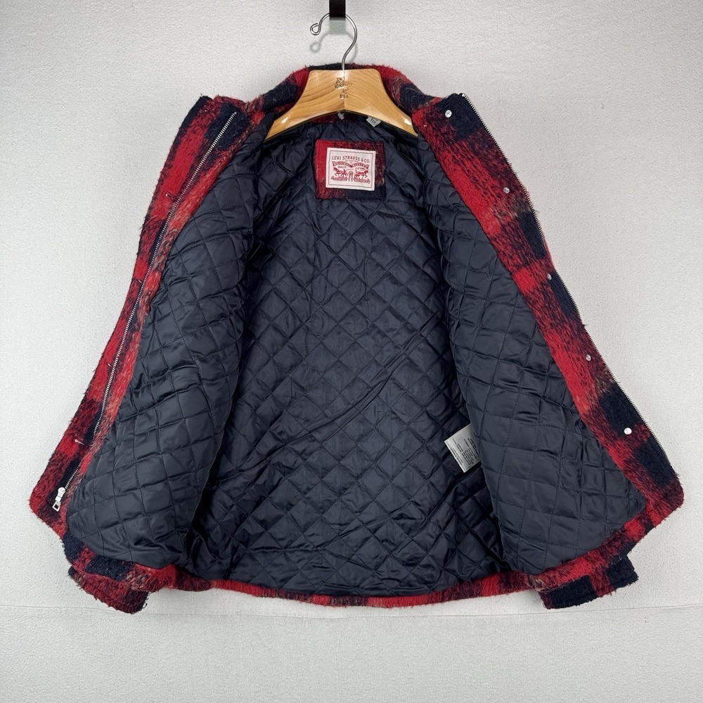 Levi's Trucker Jacket Buffalo Plaid Zipper Button Wool Blend Red Women's XS - Picture 3 of 14